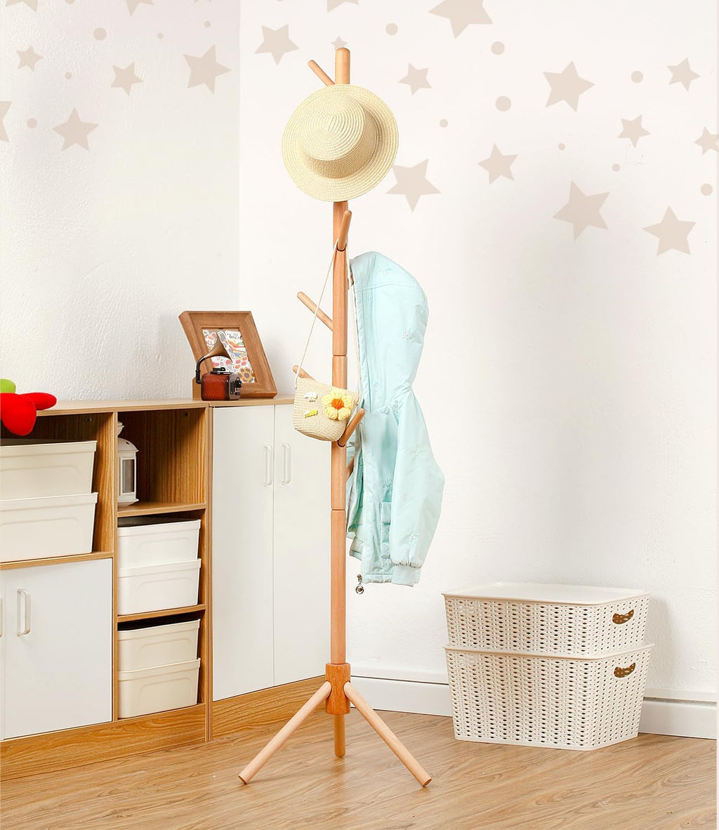 Beech Wood Kids Coat Rack - Adjustable Height Stand with 9 Hooks, Freestanding Children's Clothing Organizer for Hallway, Bedroom, Easy Assembly (Natural)