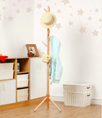 Beech Wood Kids Coat Rack - Adjustable Height Stand with 9 Hooks, Freestanding Children's Clothing Organizer for Hallway, Bedroom, Easy Assembly (Natural)