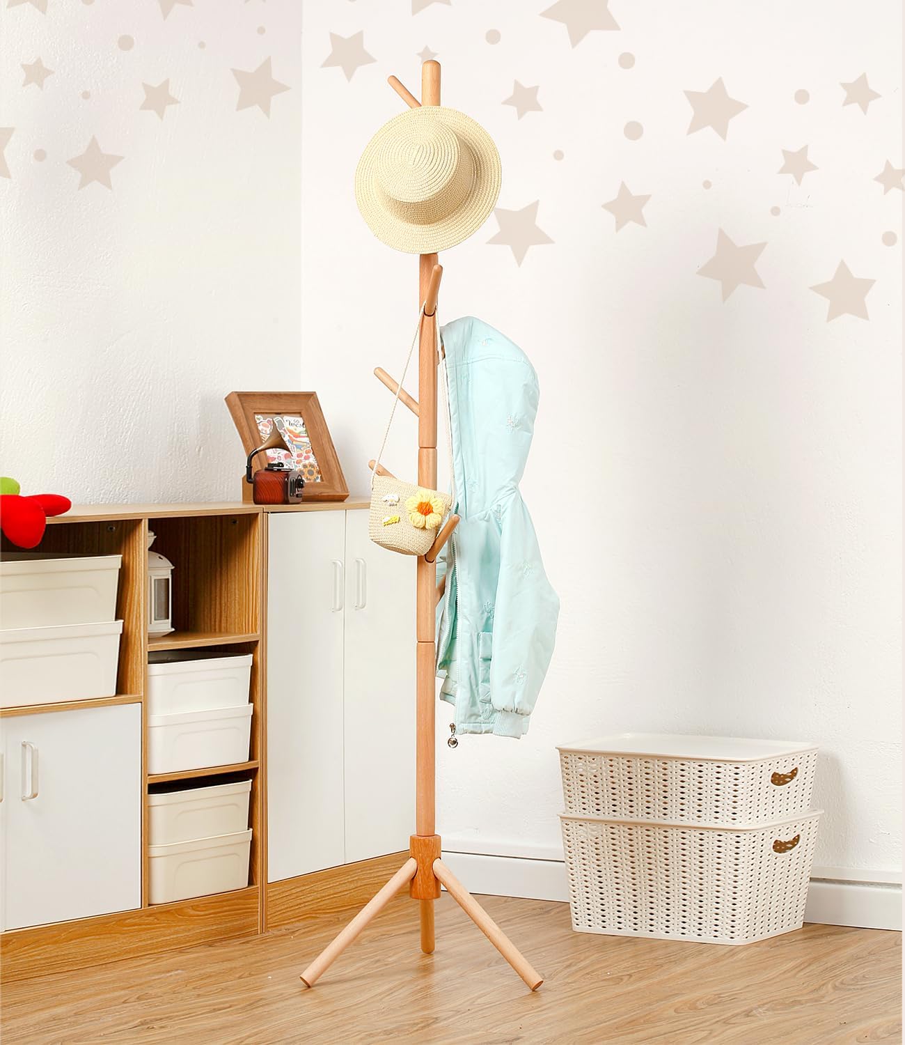 Beech Wood Kids Coat Rack - Adjustable Height Stand with 9 Hooks, Freestanding Children's Clothing Organizer for Hallway, Bedroom, Easy Assembly (Natural)