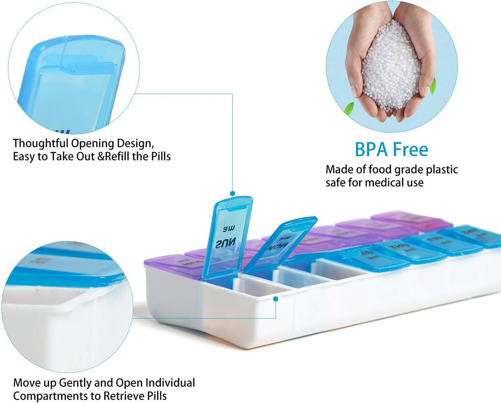 Weekly 7 Day Pill Organizer Case 2 Times a Day (AM/PM), Large Portable Pill Box 7 Day for Vitamin Medicine, Pill Case with Quilted Fabric Zipper Cute Bag for Travel or Daily