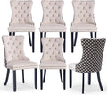 Velvet Upholstered Dining Chairs Set of 6, Modern Style Kitchen Side Chairs with Nailhead Trim and Wood Legs,Metal Pulling Ring for Dining Room Living Room(Quadrangular Star&Beige)
