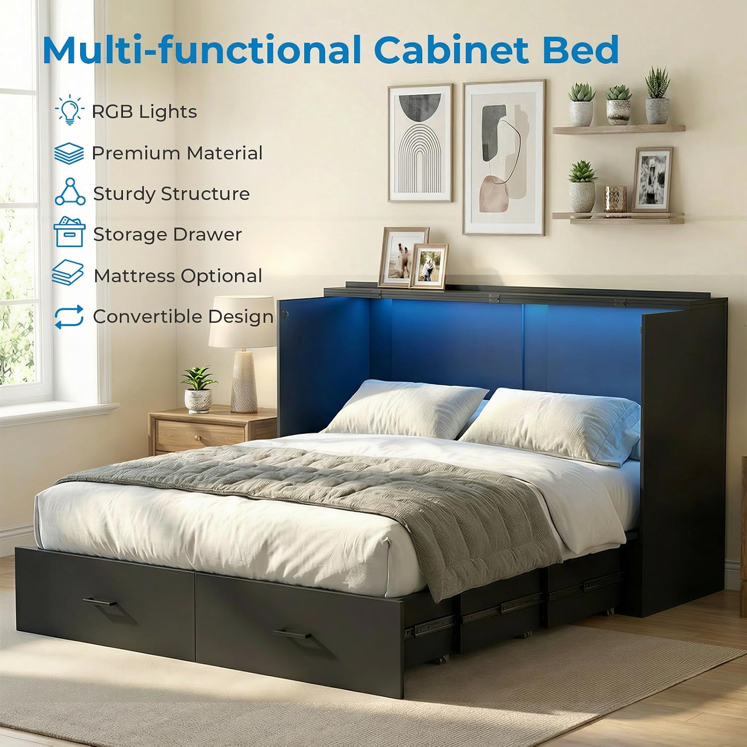 Mjkone 63.4" Width Queen Size Murphy Bed Cabinet with Tri-Folding Mattress Included, High Gloss MDF Storage Cabinet Guest Bed Chest Cabinets with 16 Colors of LED Lights for Home Offices, Black