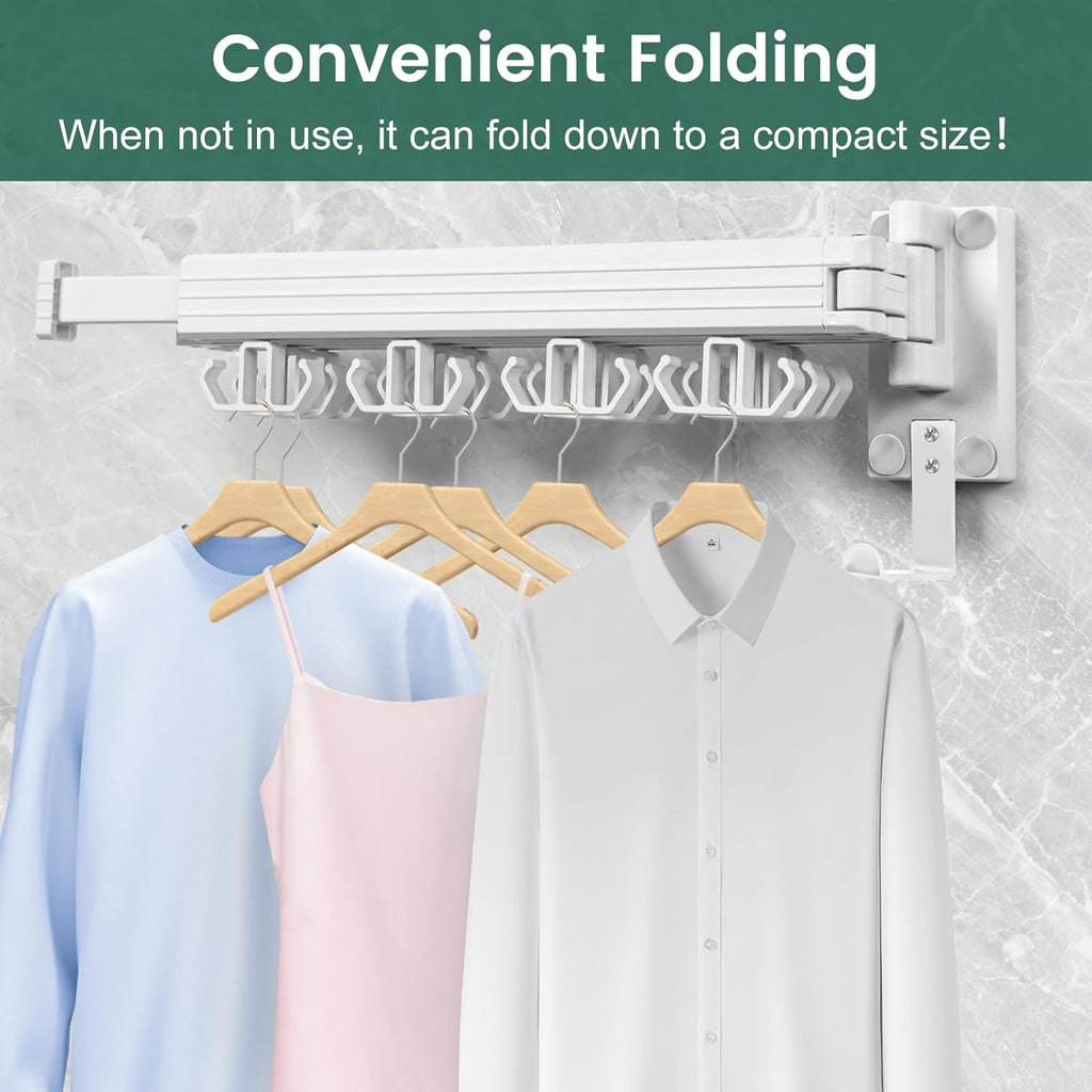 Wall Mounted Clothes Drying Rack, Laundry Drying Rack Wall Mount, 3-Fold Drying Rack Clothing, Foldable Clothes Drying Rack with 12 Dual Hooks Organization for Laundry Room Indoor - White