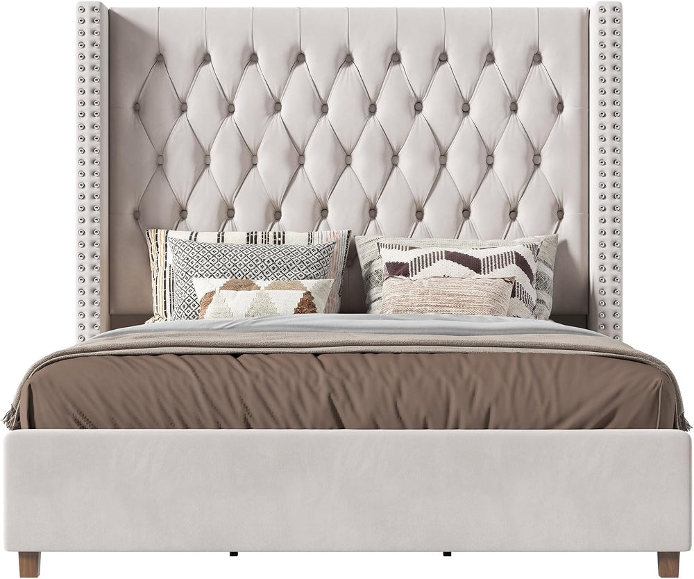 PaPaJet Queen Bed Frame 61.4" Tall Upholstered Wingback Headboard, Cream