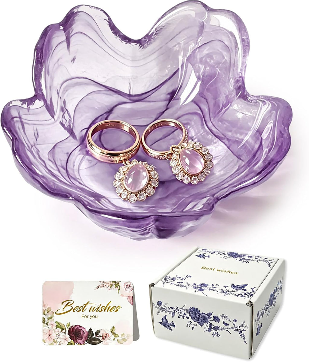 Small Flower Glass Ring Dish, Cute Jewelry Tray Trinket Organizer | Vanity Bathroom Nightstand Holder Plate, Aesthetic Room Decor, Valentine's Friendship Christmas Birthday Gifts for Women