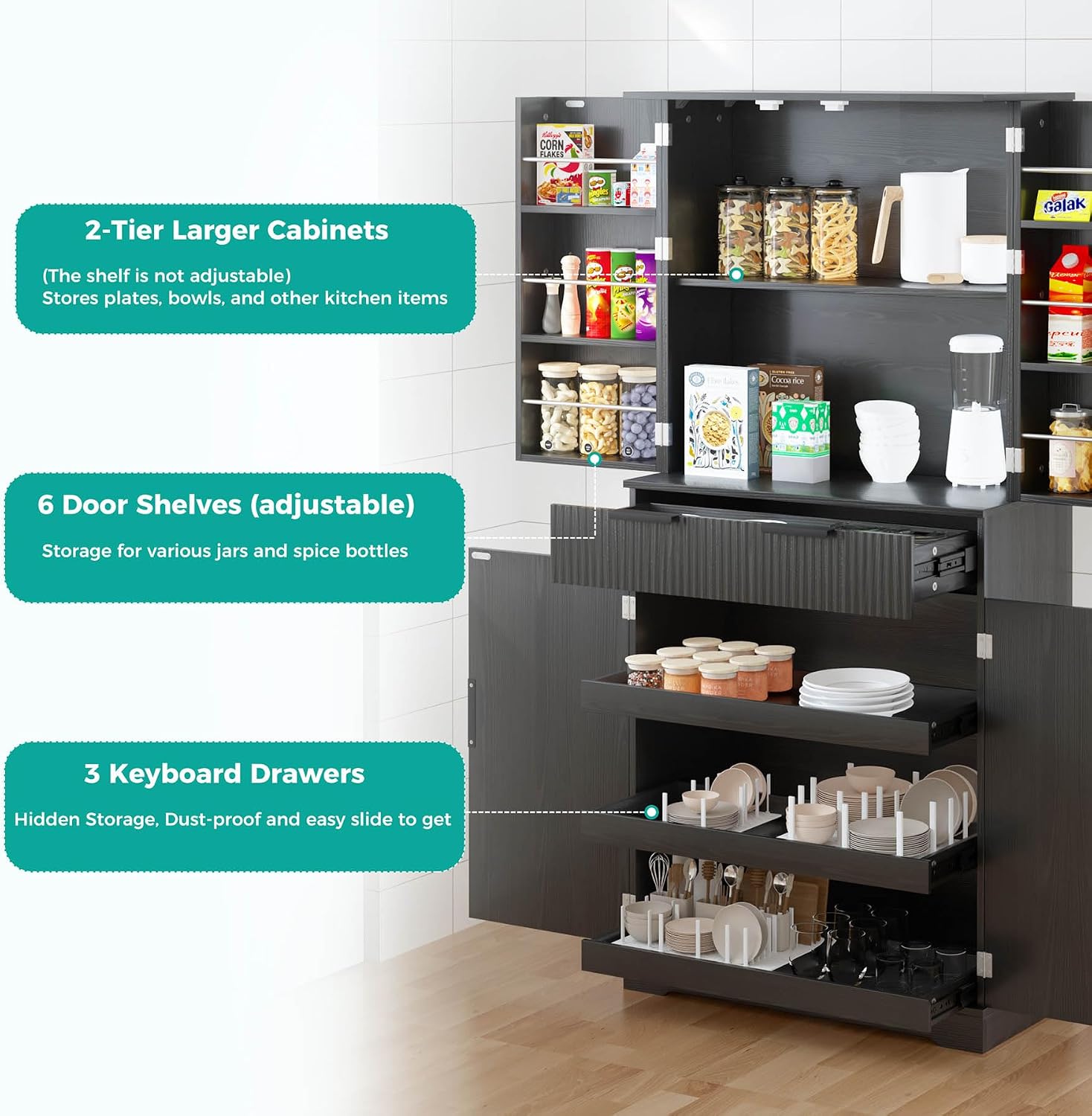 72" Tall Kitchen Pantry Cabinet with 3 Drawers & 6 Adjustable Shelves - Freestanding Storage Cupboard for Bathroom, Dining Room, Office or Entryway, Organizer Cabinet, (Black)