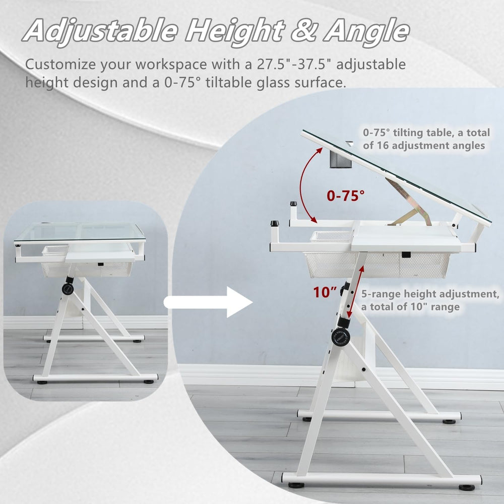 Drafting Table, Height Adjustable Art Tabe with Stool, White | 0-75° Tilting ...