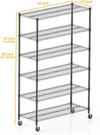 Himimi 82" H Storage Shelves 6 Tier Metal Shelving Adjustable Wire Shelf with Wheels, Heavy Duty Shelving for Garage Kitchen Pantry Bathroom Laundry,18" D*48" W*82" H, Black