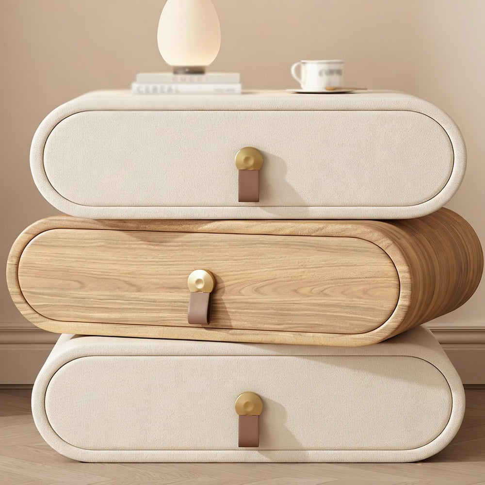 Cream-Style Nightstand,rotatable Side Table with 3 Drawers and Leather Handle...