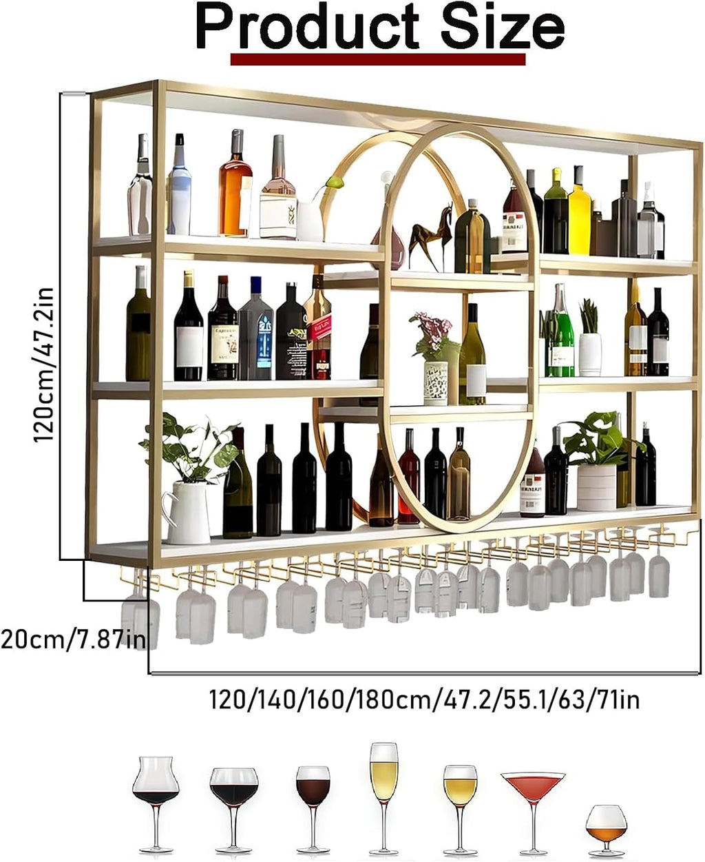 71IN Large Wall Mount Wine Rack, Metal 4 Tier Hanging Bottle Holder with Wine Glass Storage Racks, Modern Floating Wine Shelves for Home Bar Dining Room Decoration (Gold)