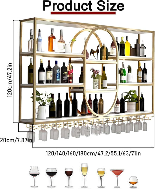 47.2IN Large Wall Mount Wine Rack, Metal 4 Tier Hanging Bottle Holder with Wine Glass Storage Racks, Modern Floating Wine Shelves for Home Bar Dining Room Decoration (Gold)