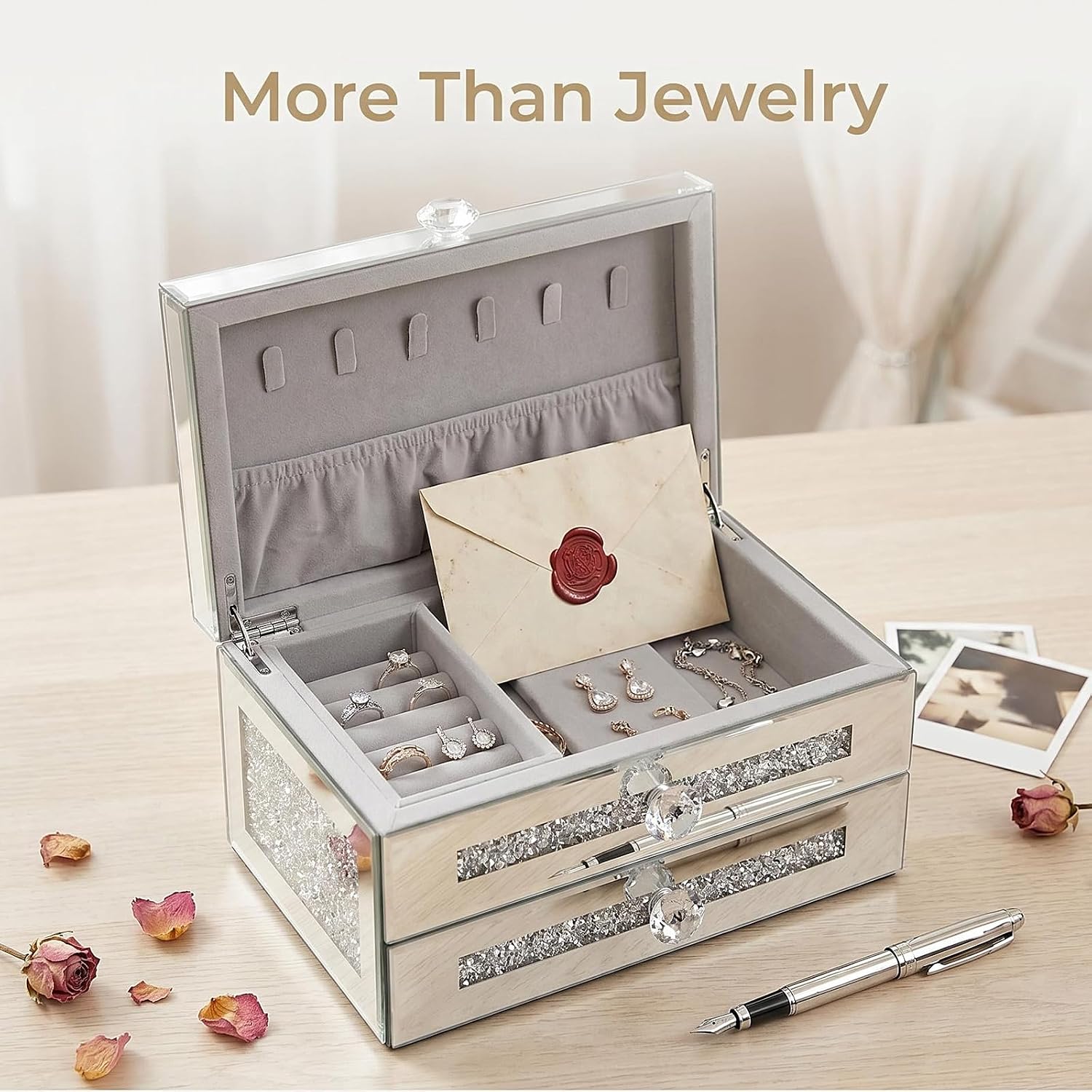 Mirrored Jewelry Box for Women,2-Layer Glass Jewelry Organizer with Lid & 1 Drawer, Silver Crushed Diamond Home Decor, Gift Idea for Her (9.3" L x 6.3" W x 5.1" H)