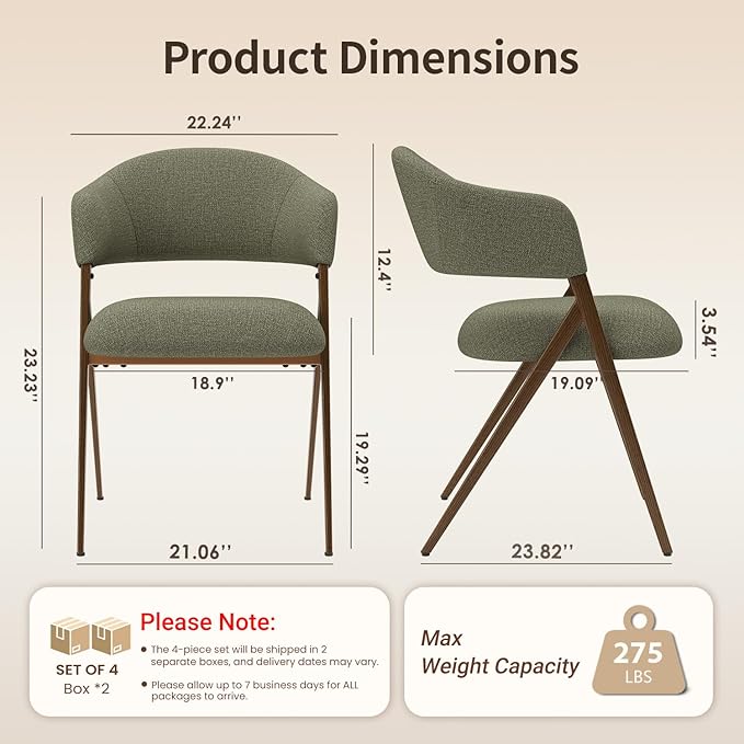 Dining Room Chairs Set of 4, Upholstered Dining Room Chairs, Mid Century Fabric Kitchen Chairs with Curved Backrest and Metal Legs, Green