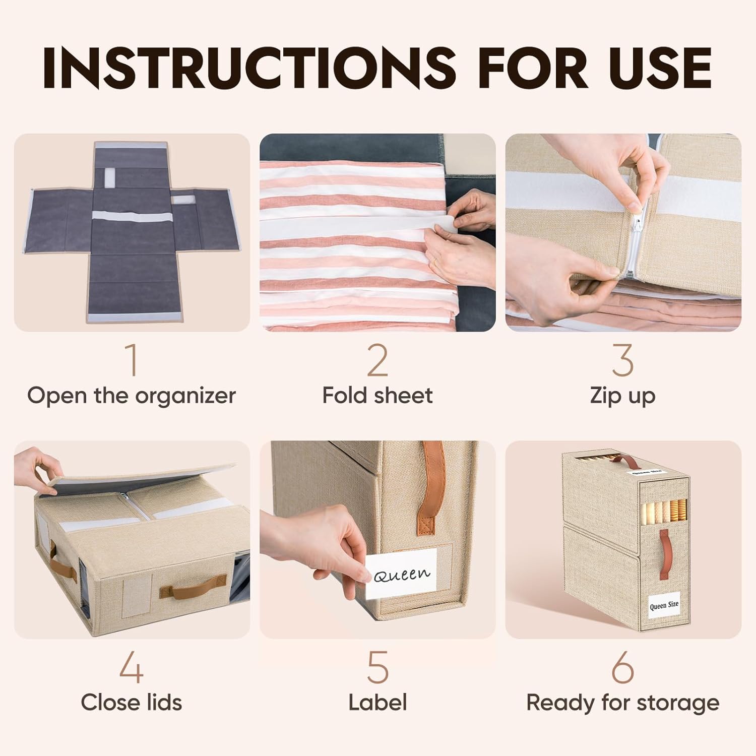4 Pack Bed Sheet Organizers and Storage(King &Queen Size) with an Elastic Strap, Foldable Closet Linen Sheet Storage Container, Sheet Set Box for Blankets, Duvet Cover and Pillowcase, Beige