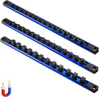 ALOANES 3-Piece Magnetic Socket Organizer, Heavy Duty Aluminum Socket Rails Organizer, 360° Swivel Clips Socket Holder Kit for Tool Box, 1/2, 3/8, 1/4-Inch Socket Holder x 40 Clips (Blue)