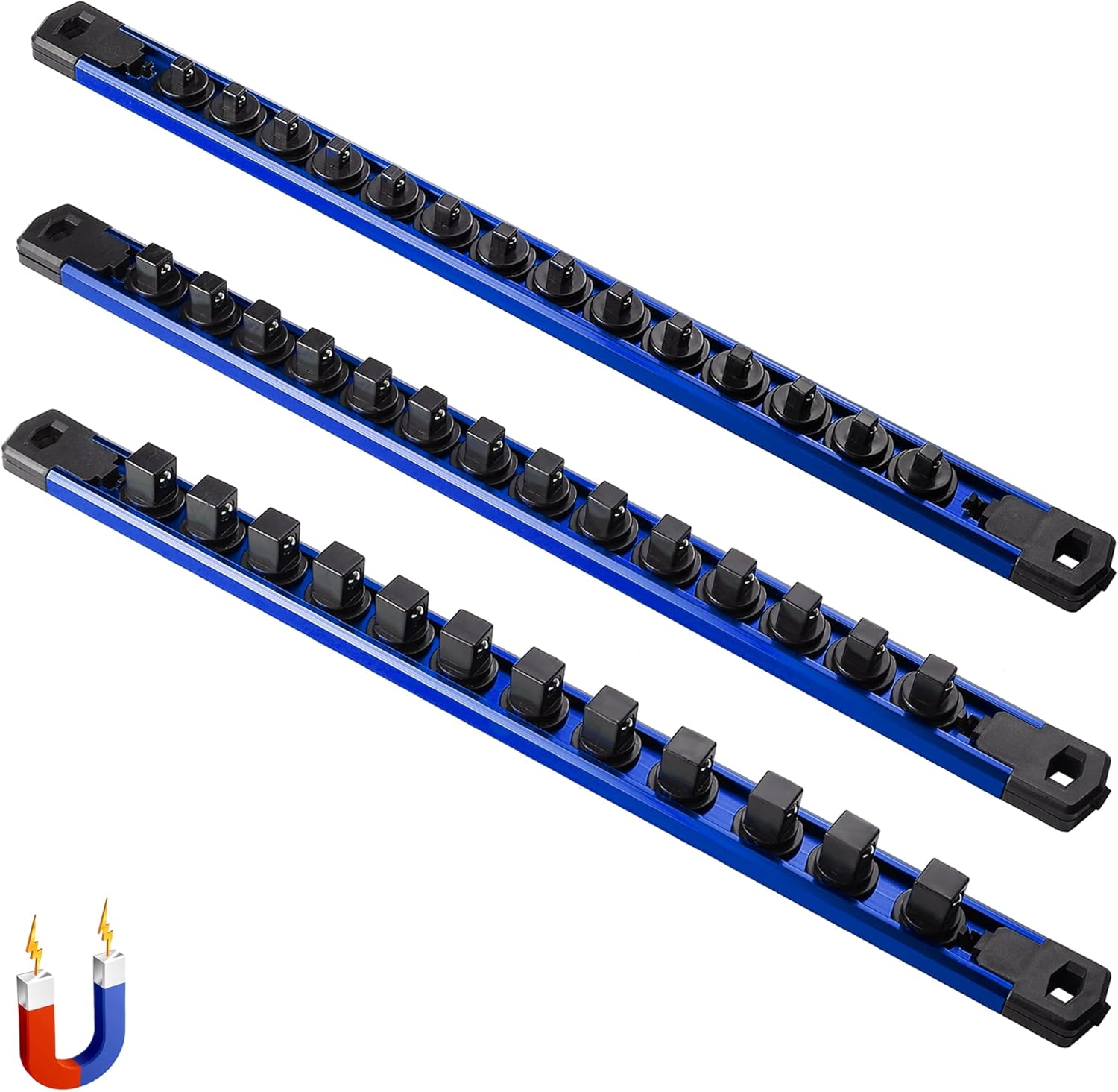 ALOANES 3-Piece Magnetic Socket Organizer, Heavy Duty Aluminum Socket Rails Organizer, 360° Swivel Clips Socket Holder Kit for Tool Box, 1/2, 3/8, 1/4-Inch Socket Holder x 40 Clips (Blue)