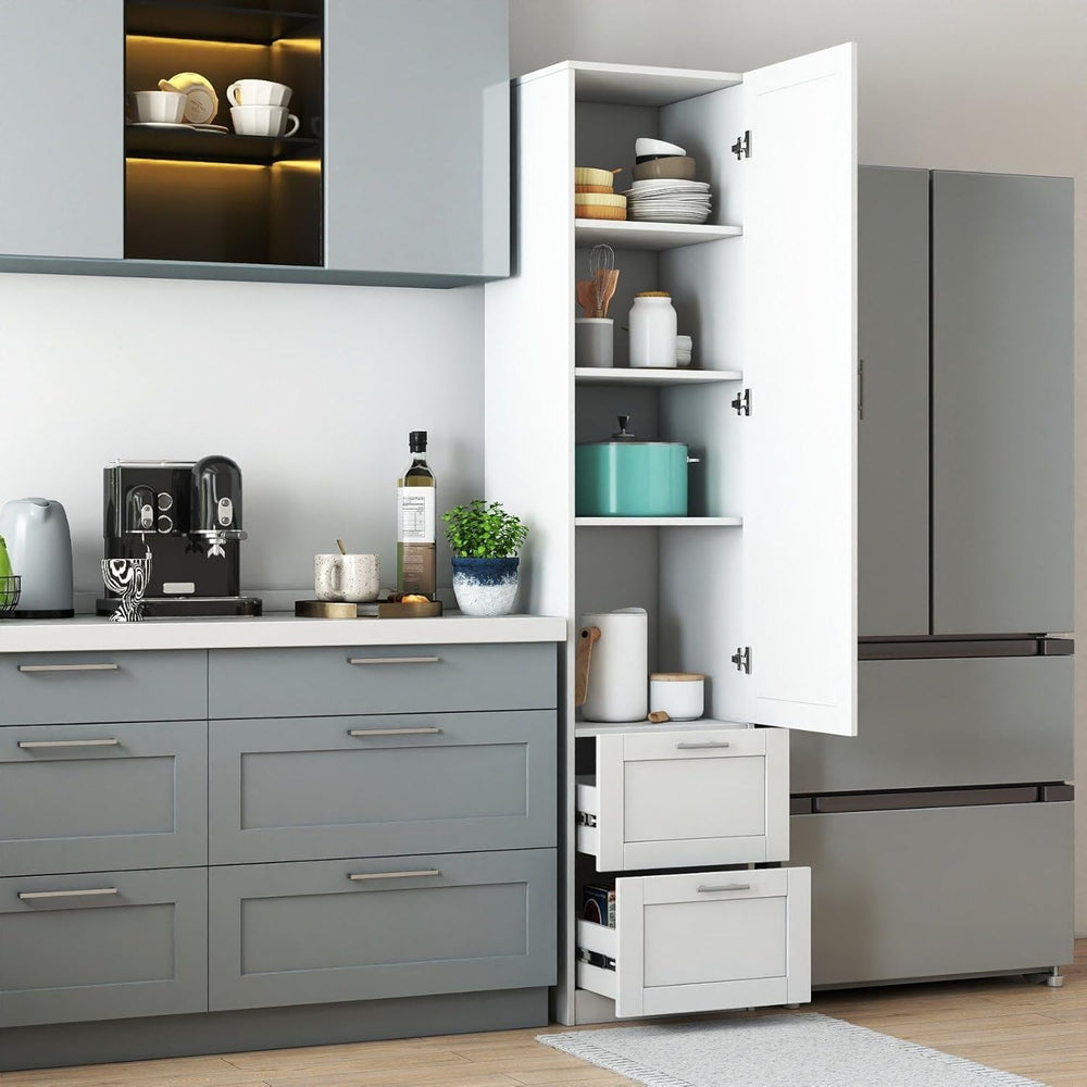 White Pantry Cabinet with Door and 2 Drawers, 70.87" Tall Freestanding K...