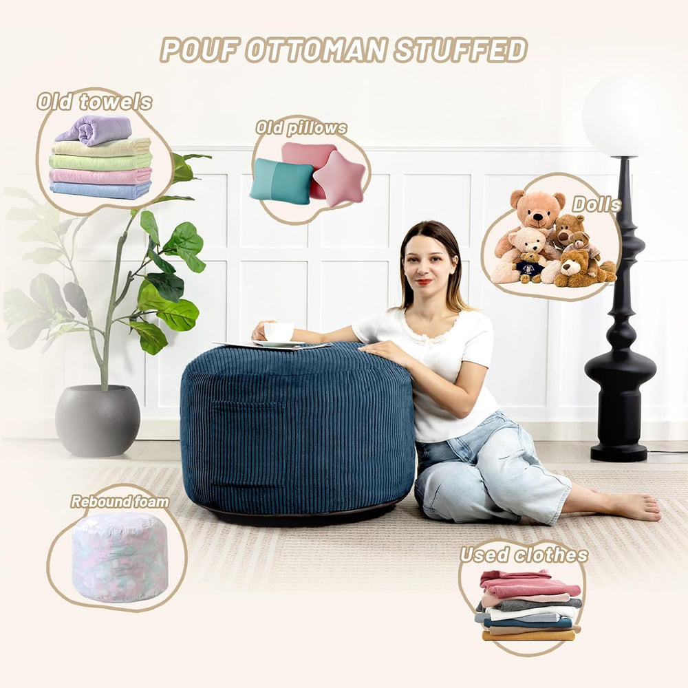 Round Stuffed Pouf Ottoman (Blue, 20" D x 20" W x 15" H) | Cor...
