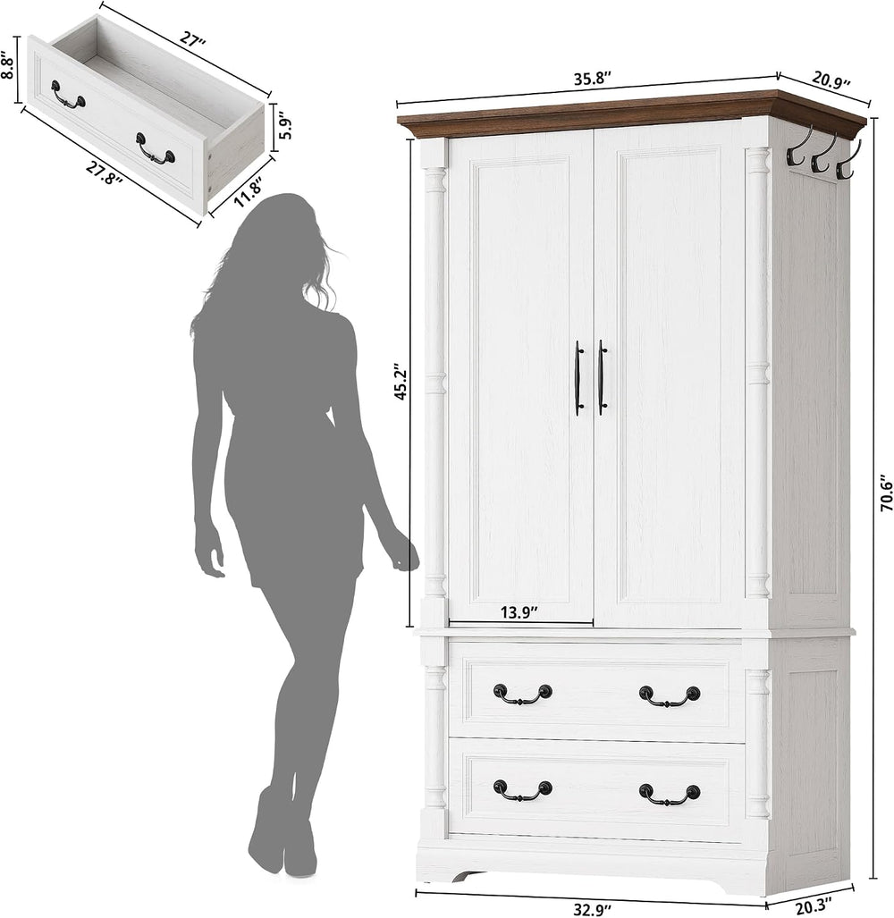 LIKIMIO Armoire Wardrobe Closet 70" with 2 Drawers for Bedroom, White | ...