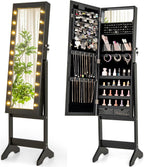 Giantex Standing Jewelry Armoire with Lighted Full Length Mirror, Lockable Jewelry Cabinet Organizer with 20 LED Lights, Adjustable Tilt, Large Storage for Earrings, Rings, Necklaces, Black