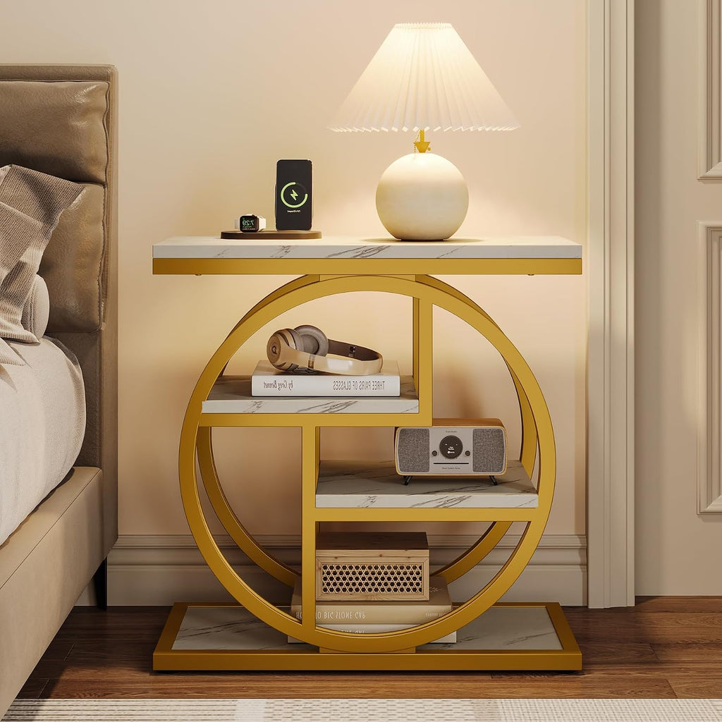 Tribesigns End Table for Living Room, Modern Faux Marble Narrow Side Table with Storage Shelves, 4-Tier Bedside Table for Bedroom, Small Sofa Side Table with Geometric Metal Frame (1 PC, White & Gold)