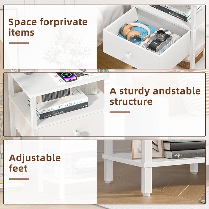 Lerliuo Nightstand Set of 2 with Charging Station and USB Ports, 3-Tier Stora...