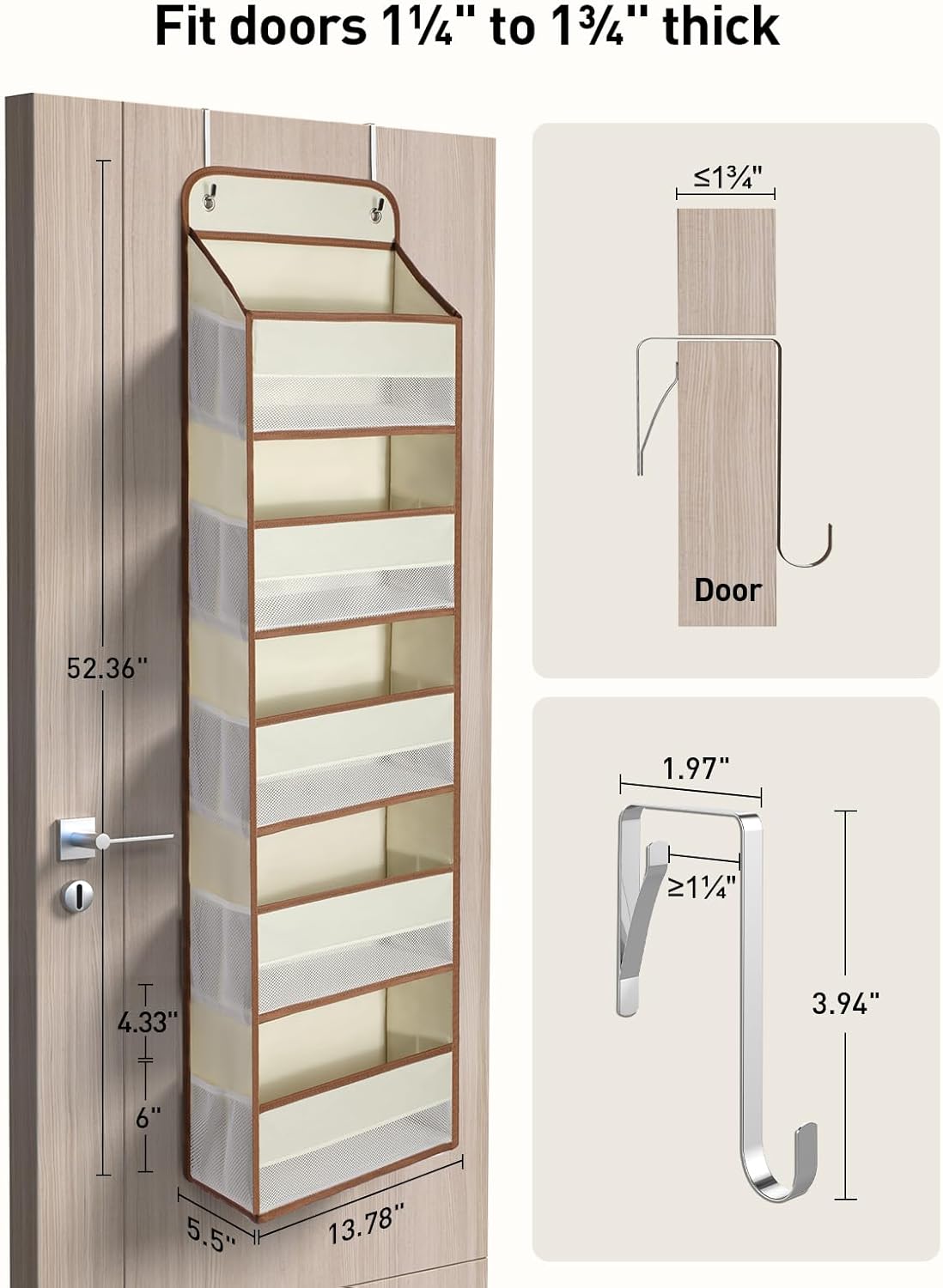 Yecaye 1 Pc 5 Tier Over the Door Organizer with 15 Pockets | 44lb Load Over the Door Storage | No Sagging Closet Organizers and Storage | Versatile Nursery Hanging Organizers for Home Dorm - Beige