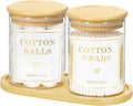 Luxspire Glass Qtip Holder with Vanity Tray, 2 Pack Cotton Swab Holder with Bamboo Lid, 13.4 oz Glass Apothecary Jars Bathroom Accessories Canisters for Cotton Swabs, Balls, Pads, Floss Picks