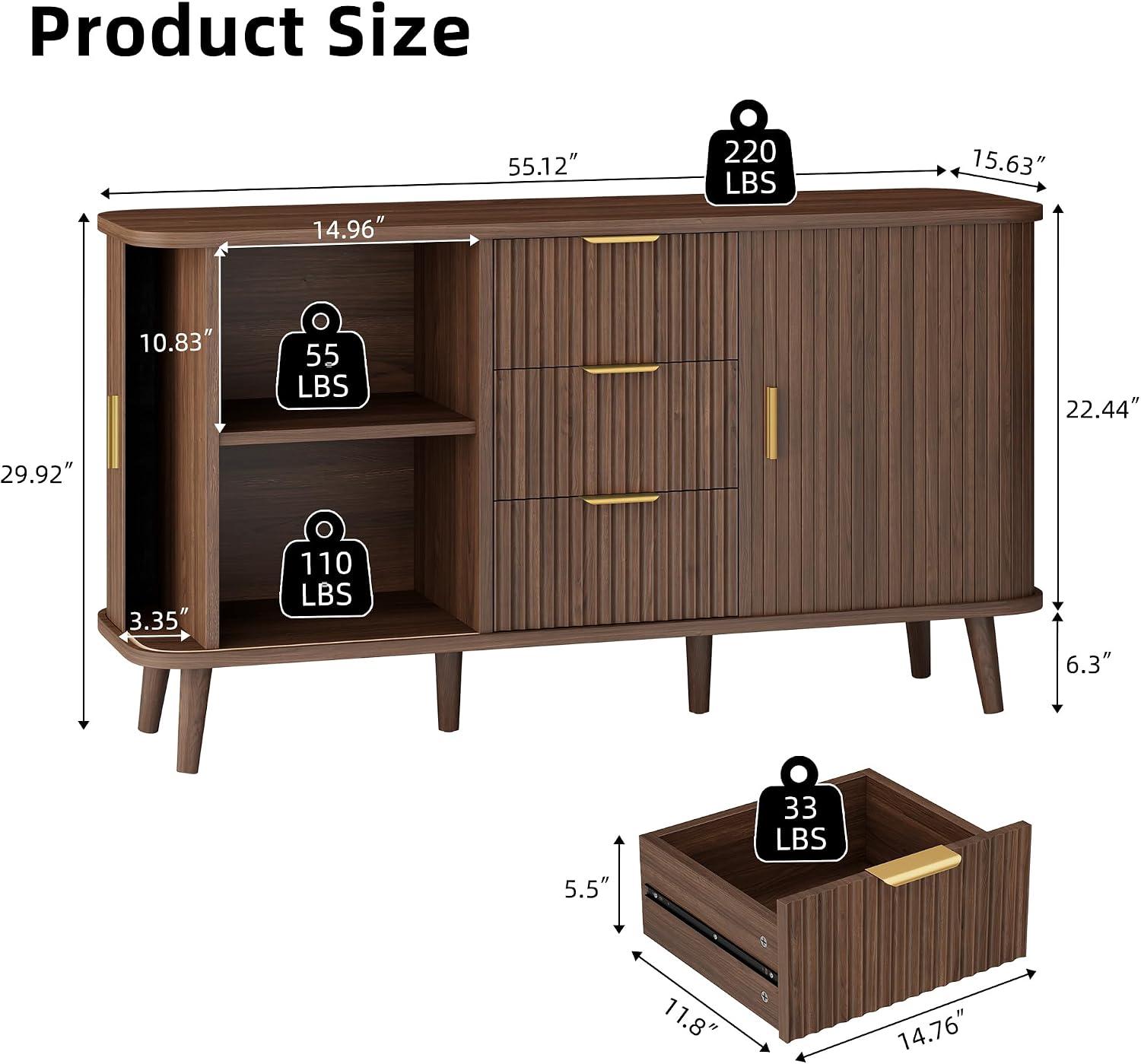 Lulive Walnut Buffet Cabinet, 55" Wide Sideboard Buffet Storage Cabinet | Rolling & Sliding Doors, 3 Wood Drawers, Bar Cabinet for Dining Room, Adjustable Shelves, Wooden Legs