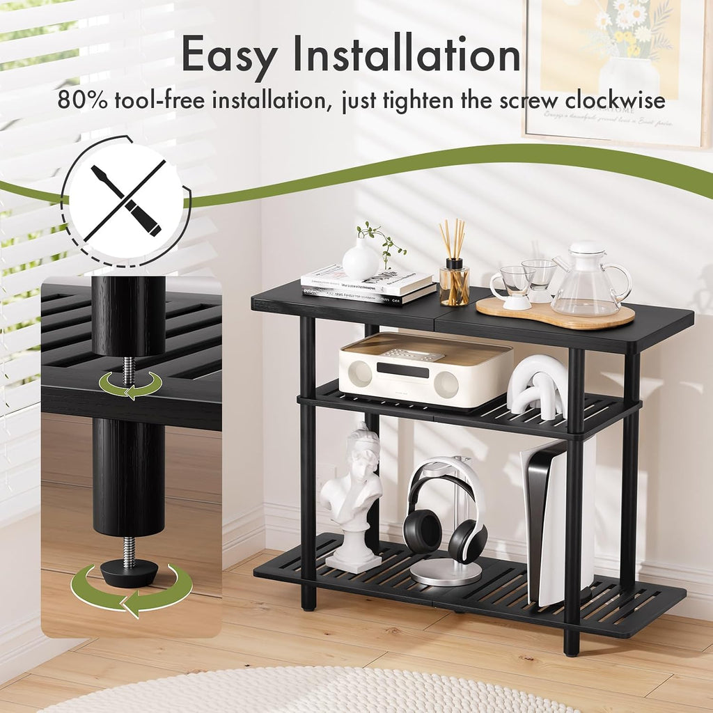 Bamboo TV Stand, Small TV Stands for up to 32 Inch, 3-Tier Entertainment Center TV Shelf with Storage, Sturdy Corner TV Stand for Bedroom, Black, 31.5 x 24.2 x 11.8 inches