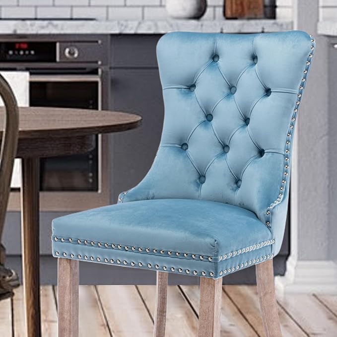 Velvet Upholstered Dining Chairs Set of 2, Modern Style Kitchen Side Chairs with Nailhead Trim and Wood Legs,Metal Pulling Ring for Dining Room Living Room(Sky Blue,Set of 2)