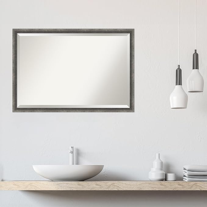 Amanti Art Grey Wall Mirror 26x38 Burnished Concrete Narrow Rectangle Bathroom Mirror for Wall Decor Living Room, Large Modern Contemporary Wood Frame, Hangs Horizonally and Vertically, Bathroom Decor