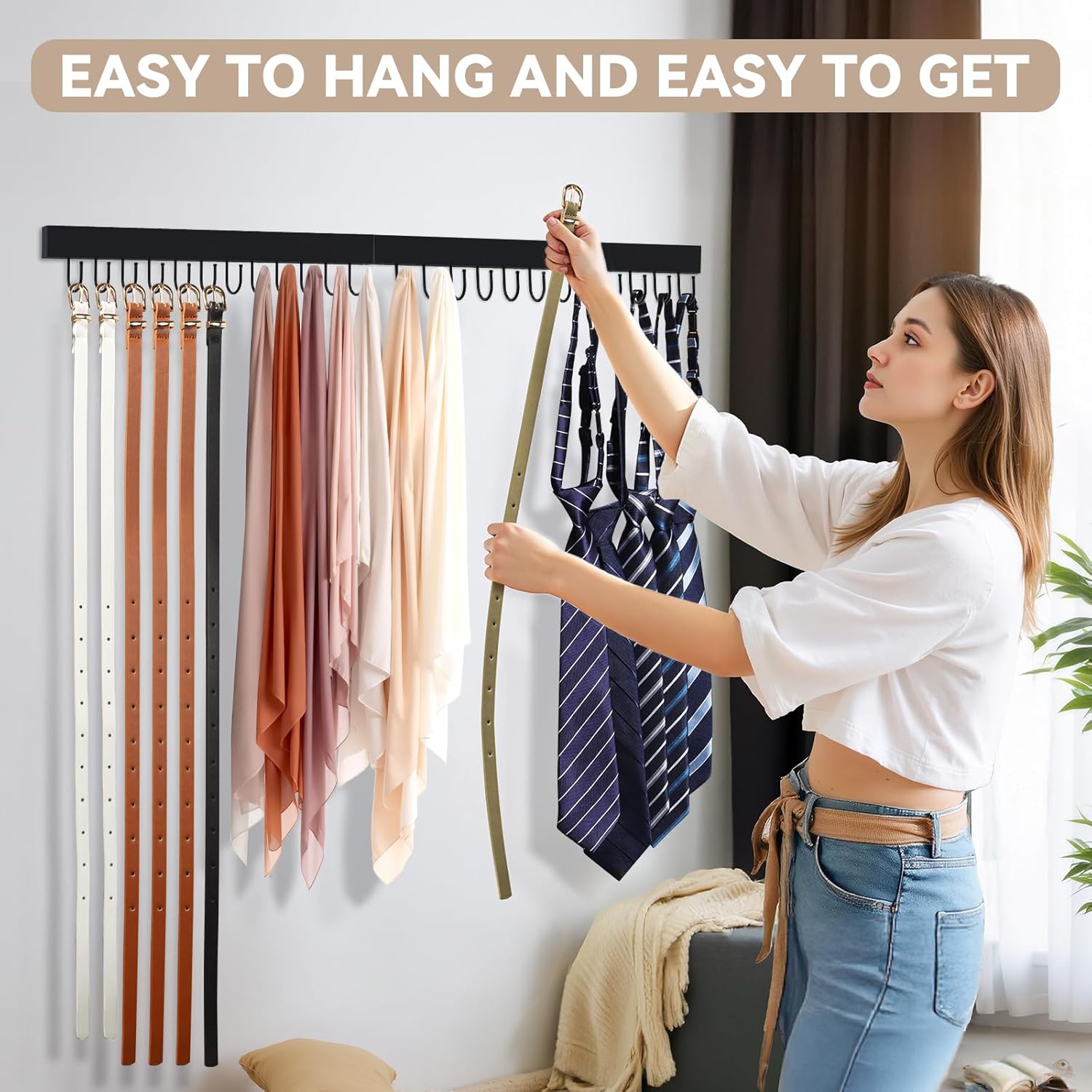 Belt Hanger Wall Mount, Wooden Closet Belt Organizer with 24 Metal Hooks, Large Capacity, Black, 2 Pcs