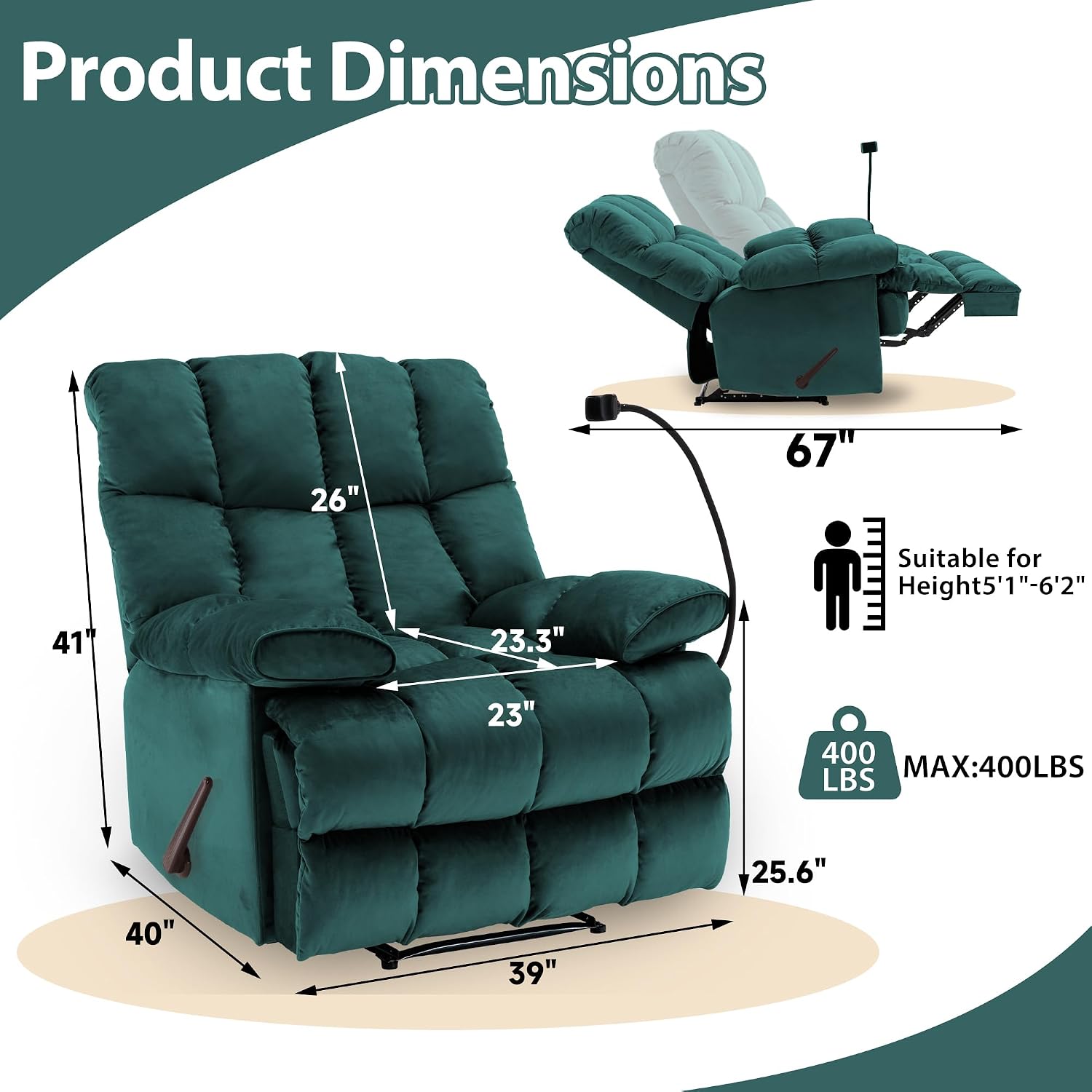 Manual Adjustable Oversized Recliner Chair with Phone Holder, Extra Large Recliner for Heavy Duty Adults 400lbs, Big Man Recliners for Living Room, Nursery, RV