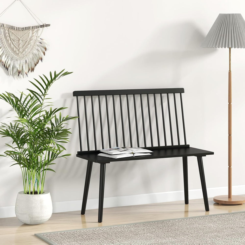 Giantex Dining Bench with Back, Black Windsor Bench with Spindle Back & A...