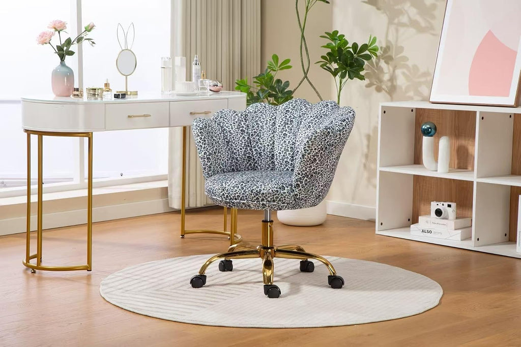 Comfy Home Office Task Chair with Wheels, Cute Modern Upholstered PU Seashell Back Adjustable Swivel Vanity Desk Chair, for Women,for Girls, Living Room, Bedroom（Snow Leopard Pattern