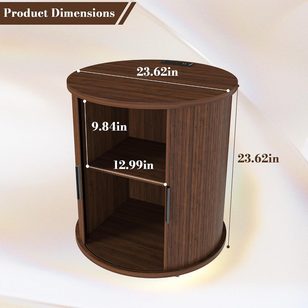 Walnut Nightstand Set of 2 with Charging Station, Mid-Century Round | Each ta...