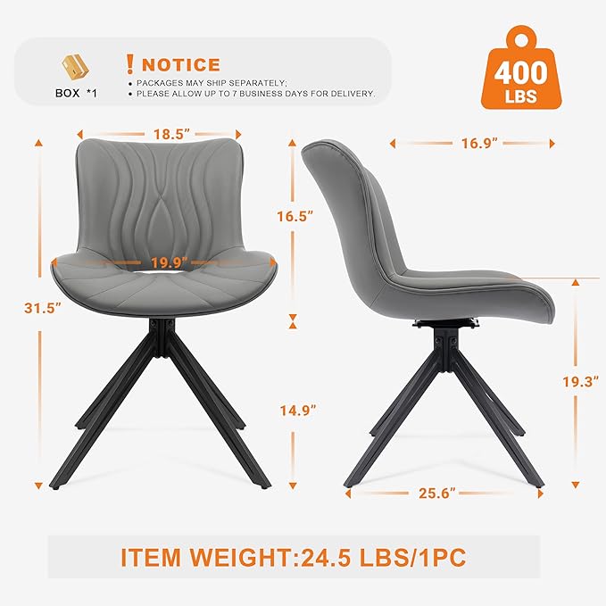 Dining Chairs Set of 2, 360° Swivel Upholstered Mid-Century Modern Kitchen Dining Room Chairs, Armless Faux Leather Accent Side Chair with Padded Back, Metal Legs for Living Room Bedrooms,Grey