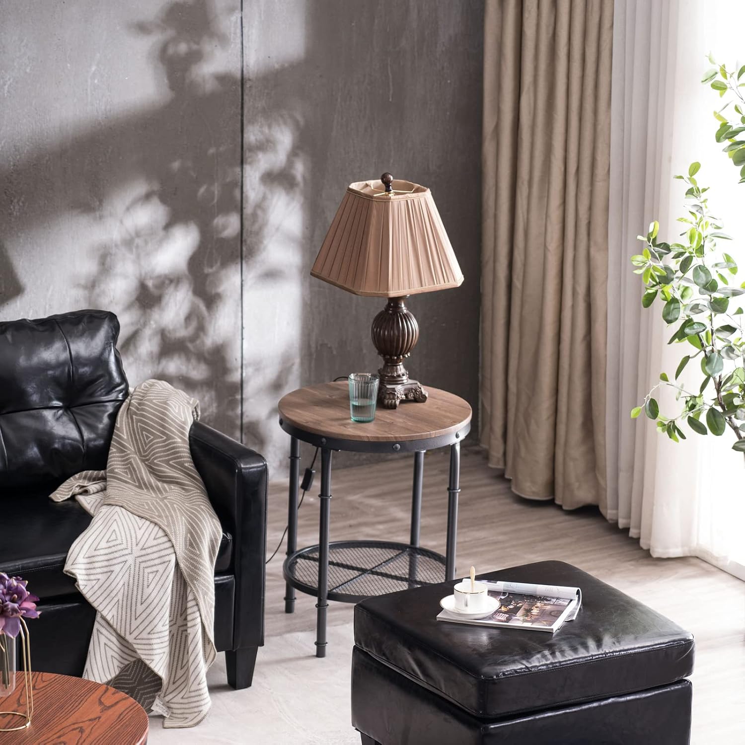 VINGLI 20" Round Side Table, Small End Tables Living Room, Brown | Industrial Center Table with Metal Mesh, Rustic Farmhouse Side Tables for Bedroom, Bedside, Office, Corner