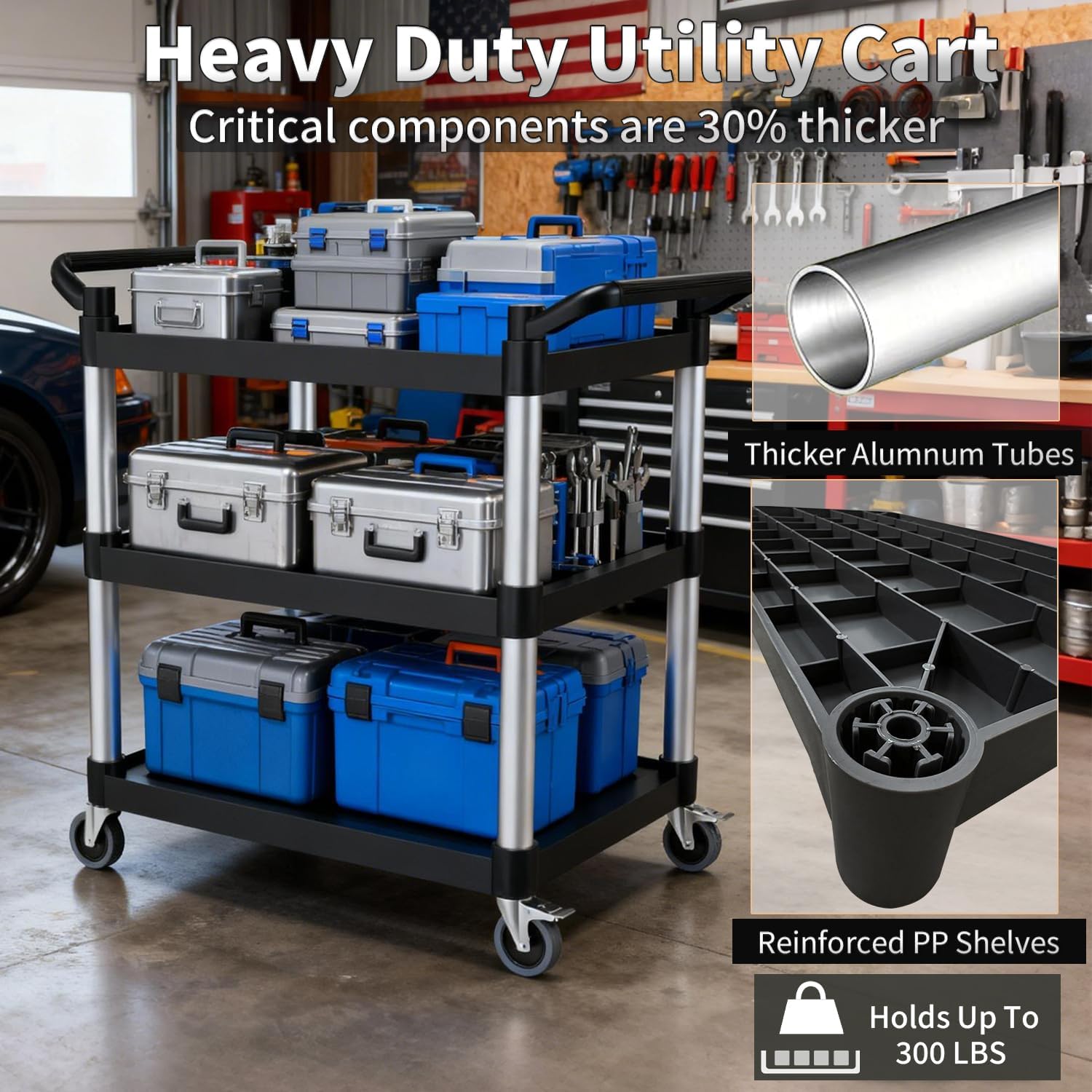 Plastic Utility Carts with Wheels, 3-Tier Rolling Service Cart, 300 lbs Heavy Duty Capacity with 4 inch Silent Casters(2 Lockable), for Home, Office, Restaurant, Warehouse.31.5"× 16" × 38"