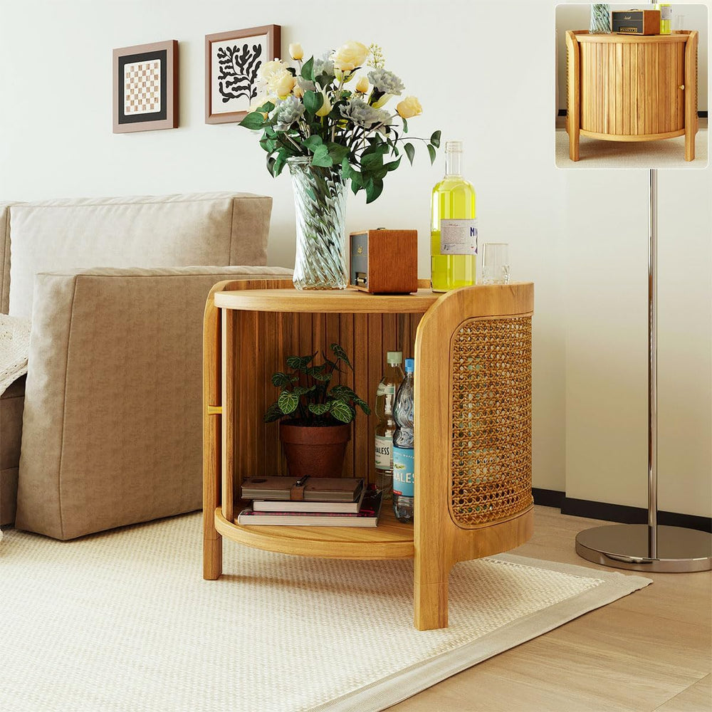 Acacia Wood Rattan Coffee Table, Side Table with Woven Cane Doors, Round End ...