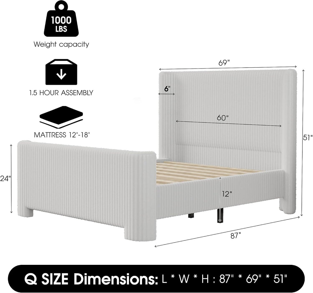 Ihanherry Queen Size Bed Frame with Faux-Fur Curved Wingback Headboard & ...