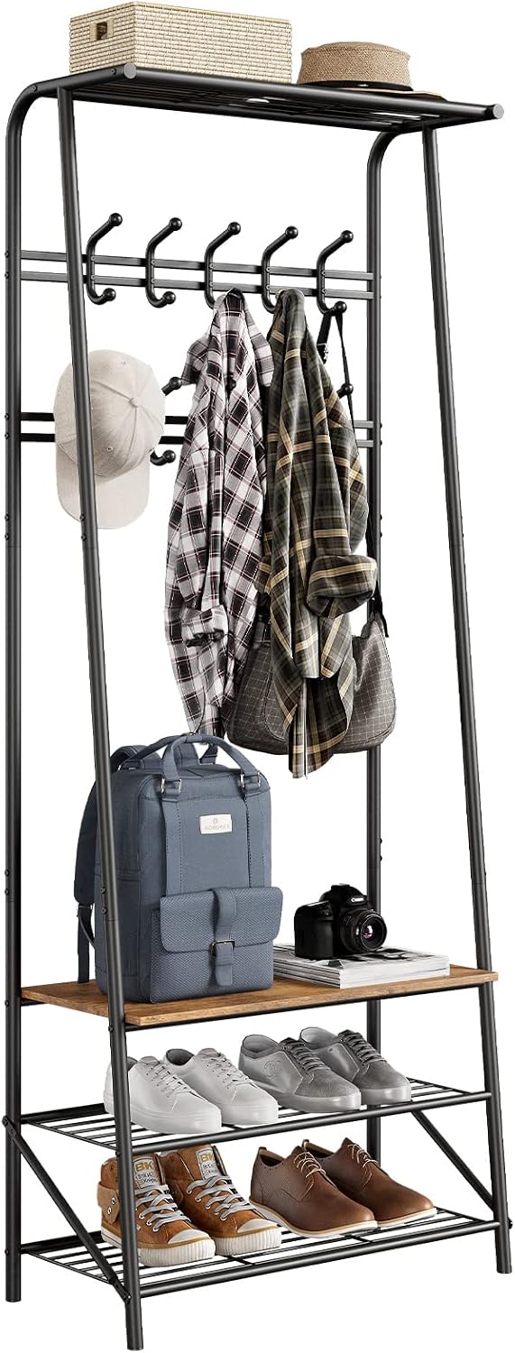 Amyove Coat Rack Shoe Bench with 10 Hooks, Hall Trees Entryway Bench with Storage, Multifunctional Hallway Organizer, Wood Look Accent Furniture with Metal Frame