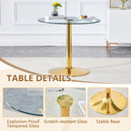 35'' Round Dining Table Set for 4, Glass Kitchen Table Chairs Set of 4, Small Dining Table with Golden Electroplated Metal Leg and Base, 4 PU Dining Chairs with Metal Legs, for Kitchen, Dining Room.