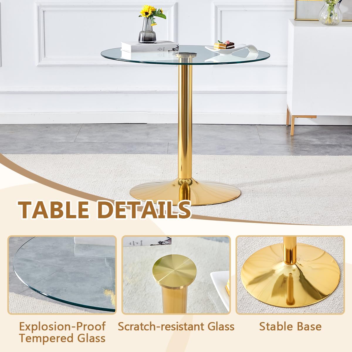 35'' Round Dining Table Set for 4, Glass Kitchen Table Chairs Set of 4, Small Dining Table with Golden Electroplated Metal Leg and Base, 4 PU Dining Chairs with Metal Legs, for Kitchen, Dining Room.