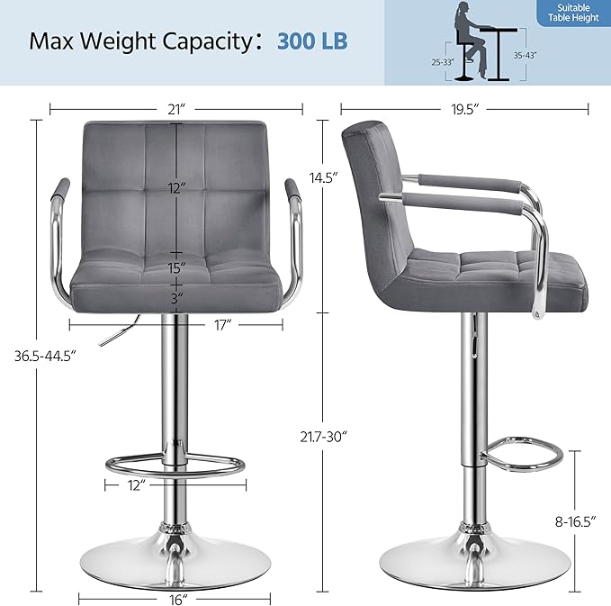 Yaheetech Counter Height Bar Stools Set of 2 Velvet Swivel BarStools for Kitc...