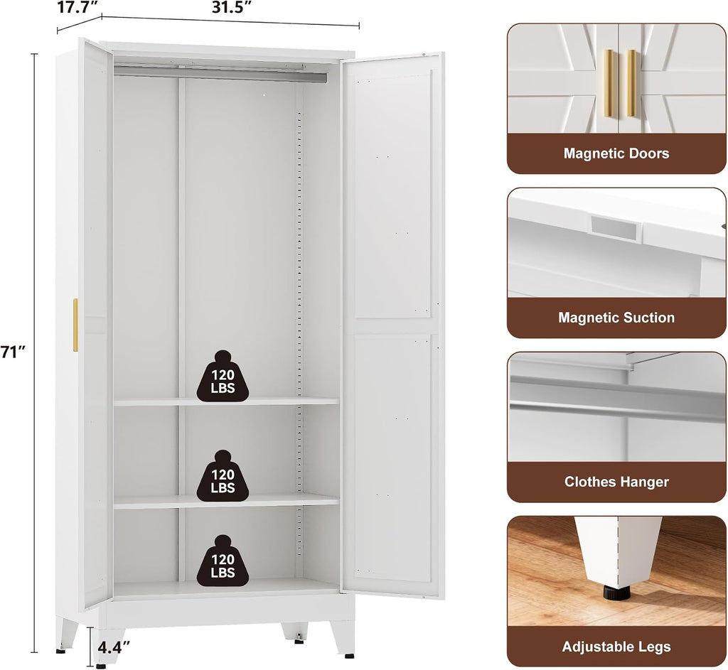 YAUWOH Farmhouse Wardrobe Cabinet,Metal Wardrobe Closet with Hanging Rod,Metal Armoire with Adjustable Shelves for Bedroom,Cloak Room,Office (White)