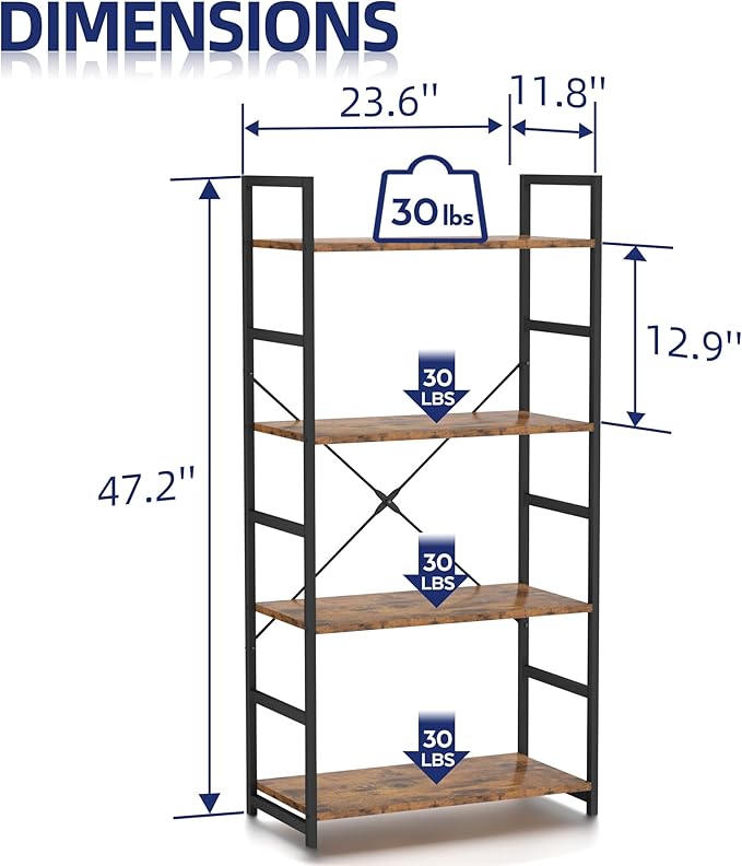 NUMENN 4 Tier Bookshelf, Tall Bookcase Shelf Storage Organizer, Modern Book S...