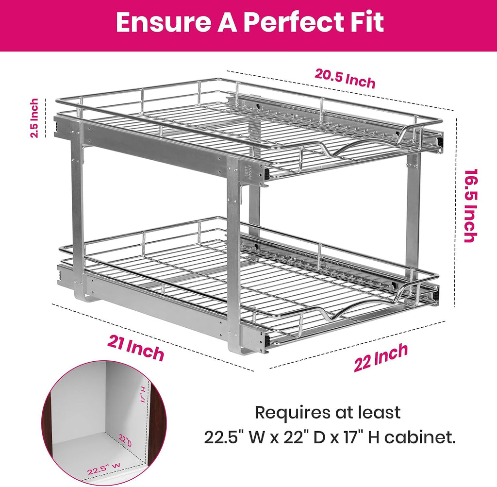 2-Tier Pull-Out Cabinet Organizer for Kitchen, 22" W x 21”D x 16.5" H | Full-Extension Sliding Shelves, Holds 100 lbs, Easy Install for Kitchen, Pantry & Under Sink Cabinets