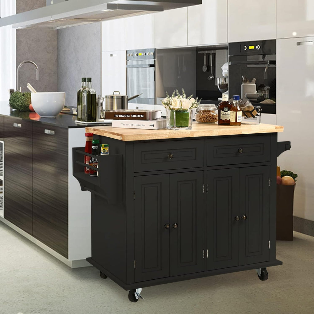 NSdirect Kitchen Island Cart,Kitchen Bar&Serving Cart Rolling on Wheels with Spice Rack Towel Holder Utility Storage Trolley with Storage Drawers for Home Hotel Kitchen Dinning Room(Black)